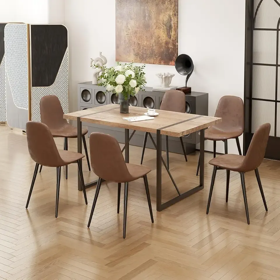 7 Piece Dining Table Set for 6,Modern 55'' Rectangle Wood Dining Table and Fabric Dining Chairs 6,Kitchen Table and Chairs for 6,Ideal for Kitchen Dining Room
