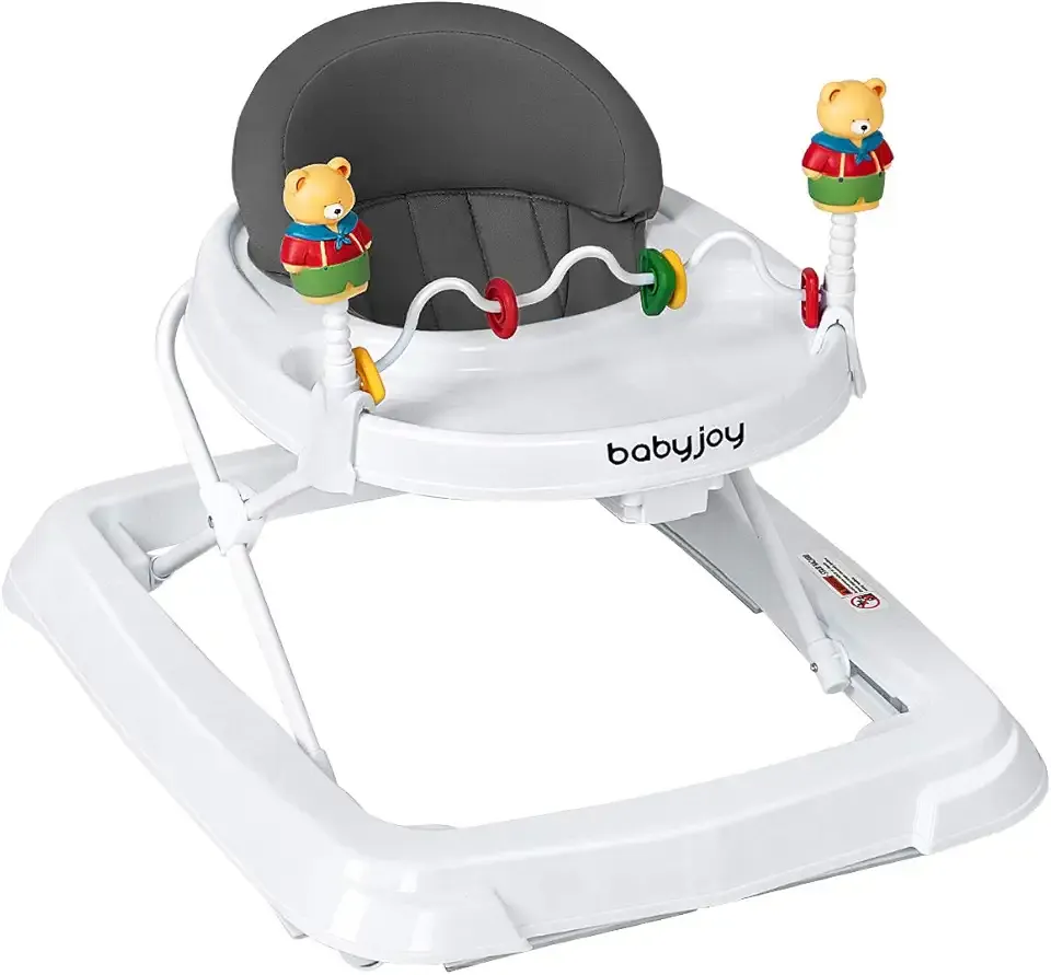 BABY JOY Baby Walker, Foldable Activity Walker with Adjustable Height, Large Tray & Removable Toys, Baby Walker with Wheels for Boys Girls 6-18 Months (Gray)