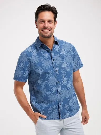Just Jeans Short Sleeve Chambray Palm Print Shirt