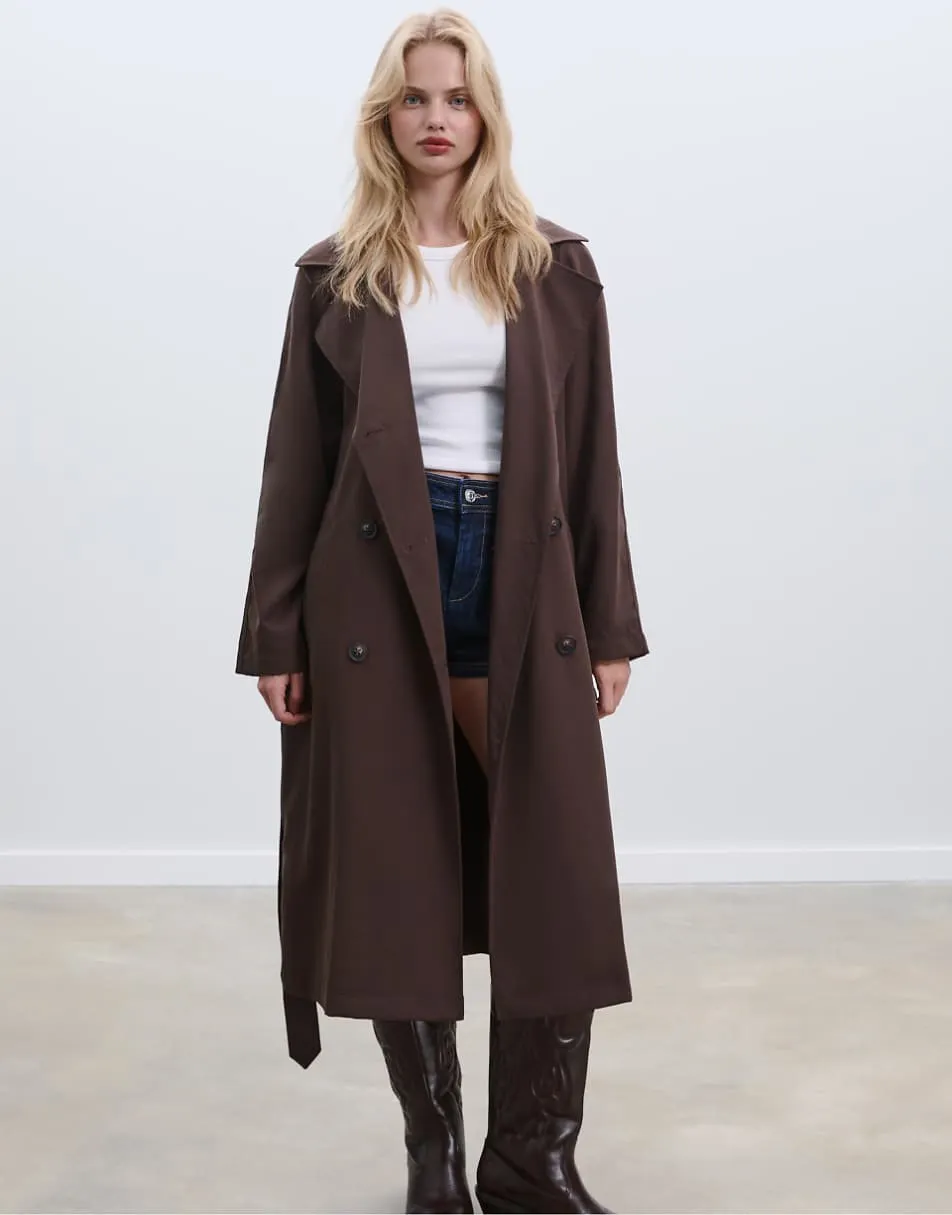 Stradivarius Long loose-fitting oversize trench coat in brown