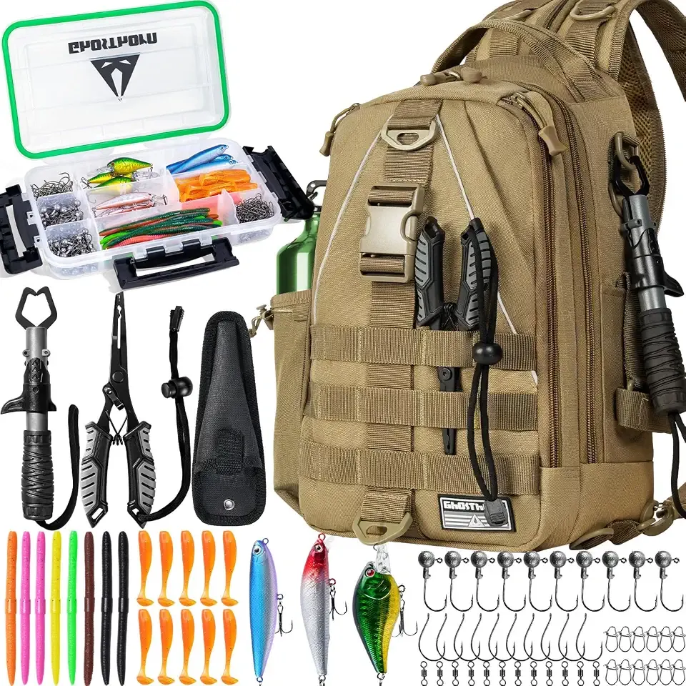Ghosthorn Fishing Tackle Backpack with Tackle Boxes Rod Holder Fishing Bag | Waterproof Fishing Tackle Bag with Lip Gripper, Pliers, Lures and Tackle Accessories Fishing Kit Gifts for Anglers Sling