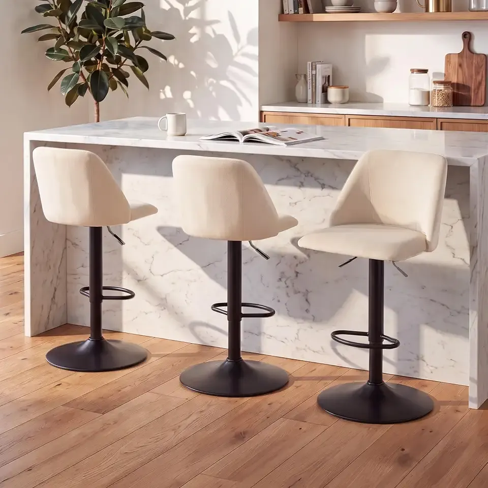 COLAMY Adjustable Upholstered Bar Stools Set of 3,360° Swivel Counter Height Chairs with Soft Cushioned Seat & Stable Metal Base for Kitchen Island,250 LBS Capacity,Easy Assembly,Beige