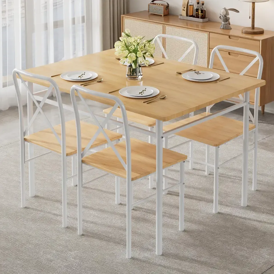 VECELO 5-Piece Dining Table Set for 4, Wood Dinette with Chairs, Natural | Space-Saving, for Kitchen