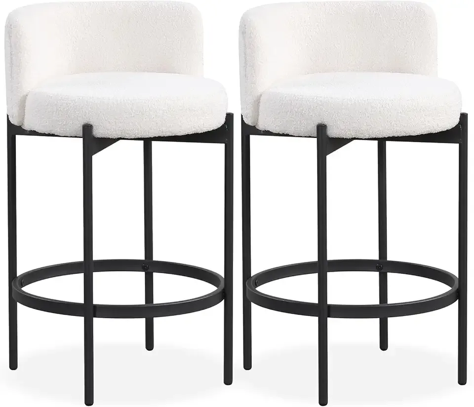 COSTWAY Counter Height Bar Stools Set of 2, 24.5 Inch Boucle Modern Barstools w/Curved Backrest, Metal Frame, Comfy Footrest, Upholstered Island Chairs for Dining Room, Kitchen, Cafe, 400 LBS Max Load