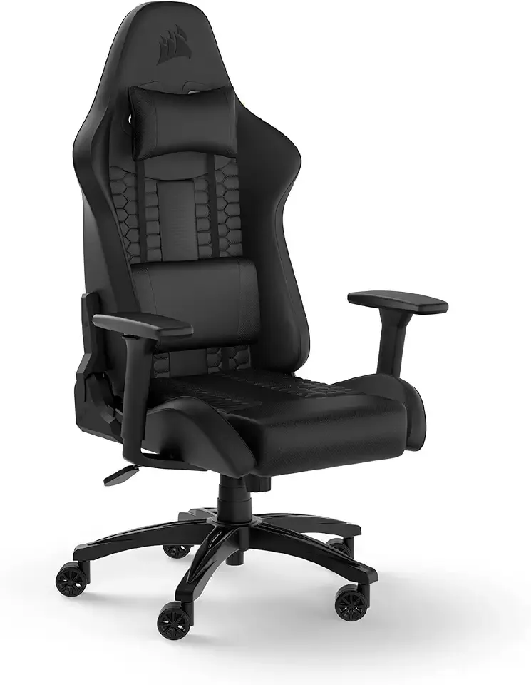 Corsair TC100 Relaxed Gaming Chair - Leatherette - Racing-Inspired Design - Lumbar Pillow - Detachable Memory Foam Neck Pillow - Adjustable Seat Height - Adjustable Armrests - Black
