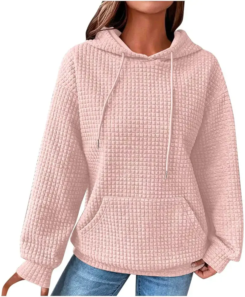 Hoodies for Women Trendy Fall Fashion 2026 Waffle Knit Drawstring Pullover Sweatshirts Loose Fit Casual Cute Clothes
