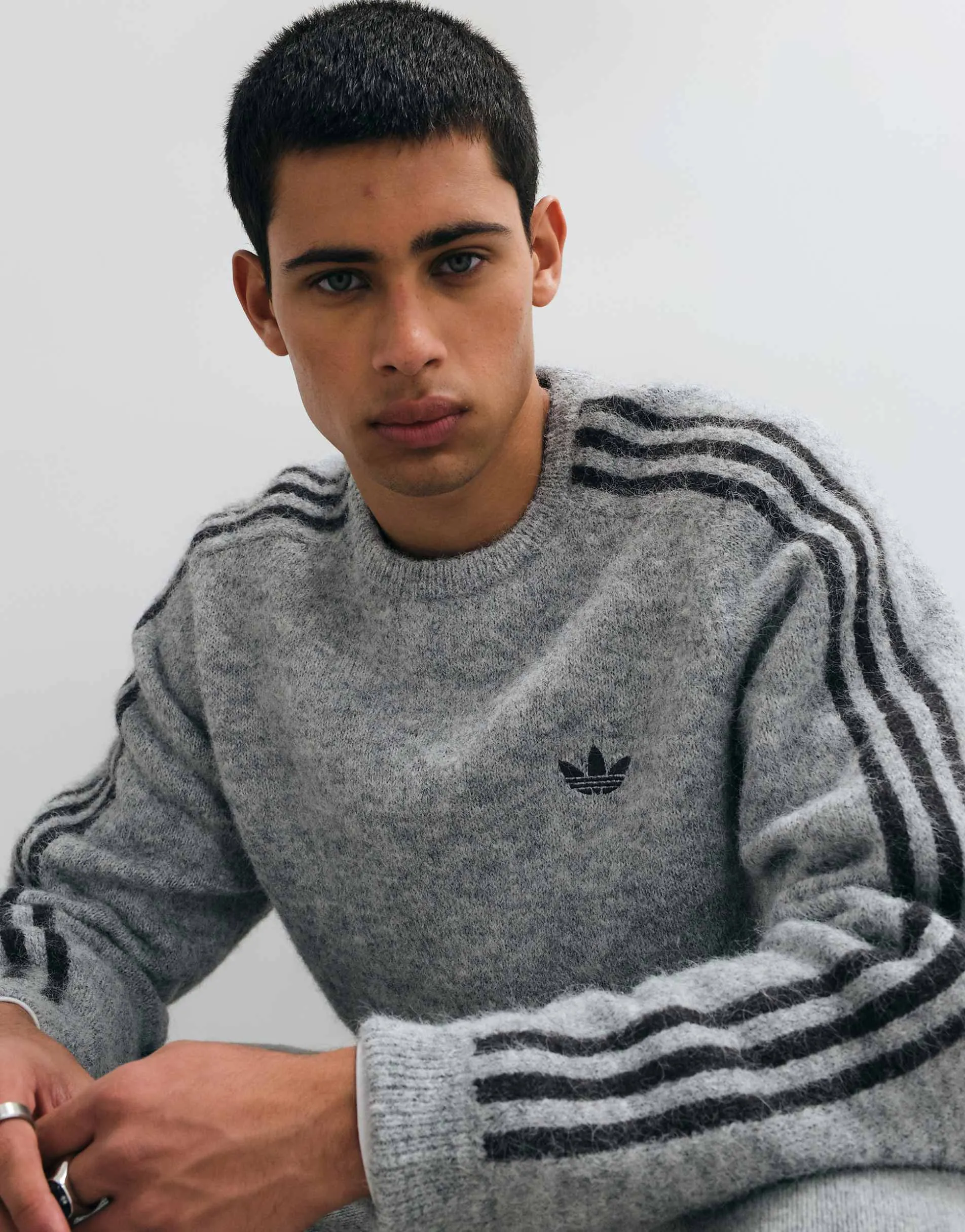 adidas Originals three stripe fluffy knitted jumper in grey