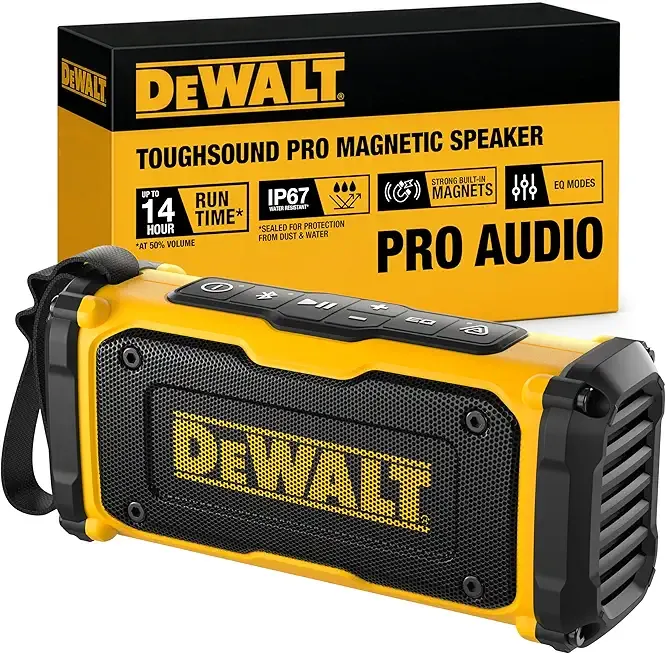 DEWALT Heavy Duty Magnetic ToughSound Pro Bluetooth Speaker – 22W Jobsite Wireless Portable Speaker w/Built-in Magnets, IP67 Dust & Waterproof, 14H Runtime, Auracast Multi-Speaker Linking & EQ Modes