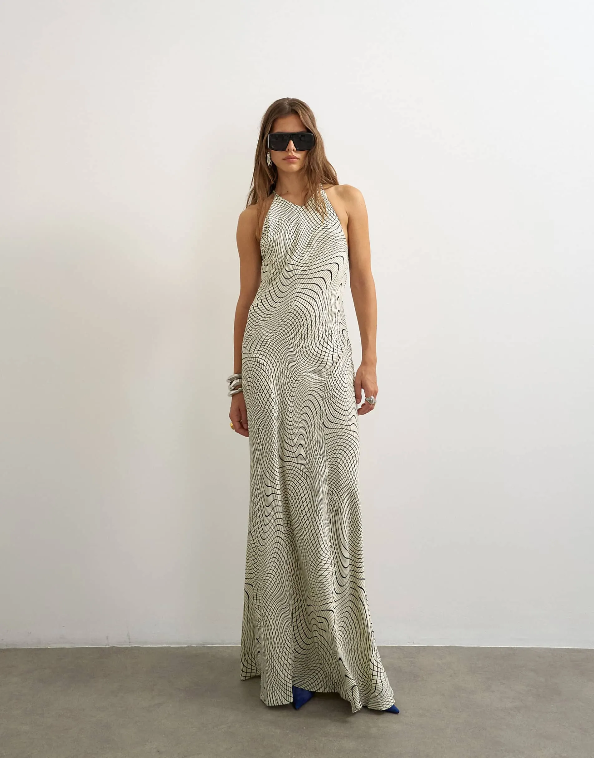 Topshop satin cut away racer neck full skirt maxi dress in mono wavy print