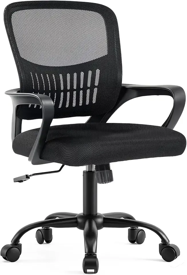 DUMOS Home Office Desk Chair - Ergonomic Mid Back with Lumbar Support & Rocking Mode, Height Adjustable with Fixed Armrest, for Conference, Computer, Meeting Room, 360° Swivel, Adults, Black