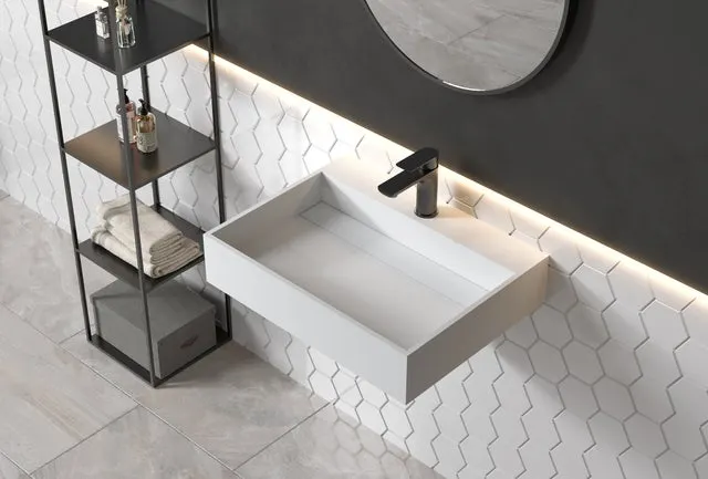 BERNSTEIN - PB2080 Lavabo mural de piedra maciza (mineral fundido) - 60x46x13cm - blanco mate