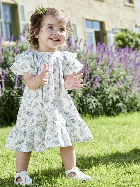 Robe fleurie de cérémonie bébé en gaze de coton - écru