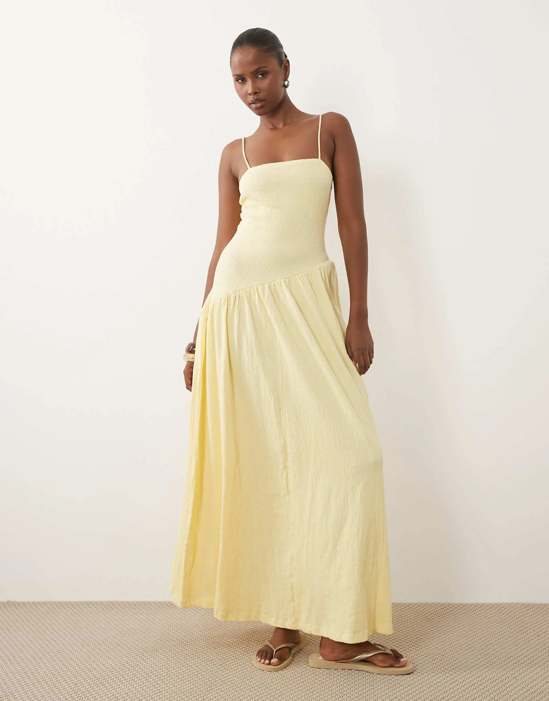 ASOS DESIGN crinkle cami tie back midi dress with asym waist in buttermilk