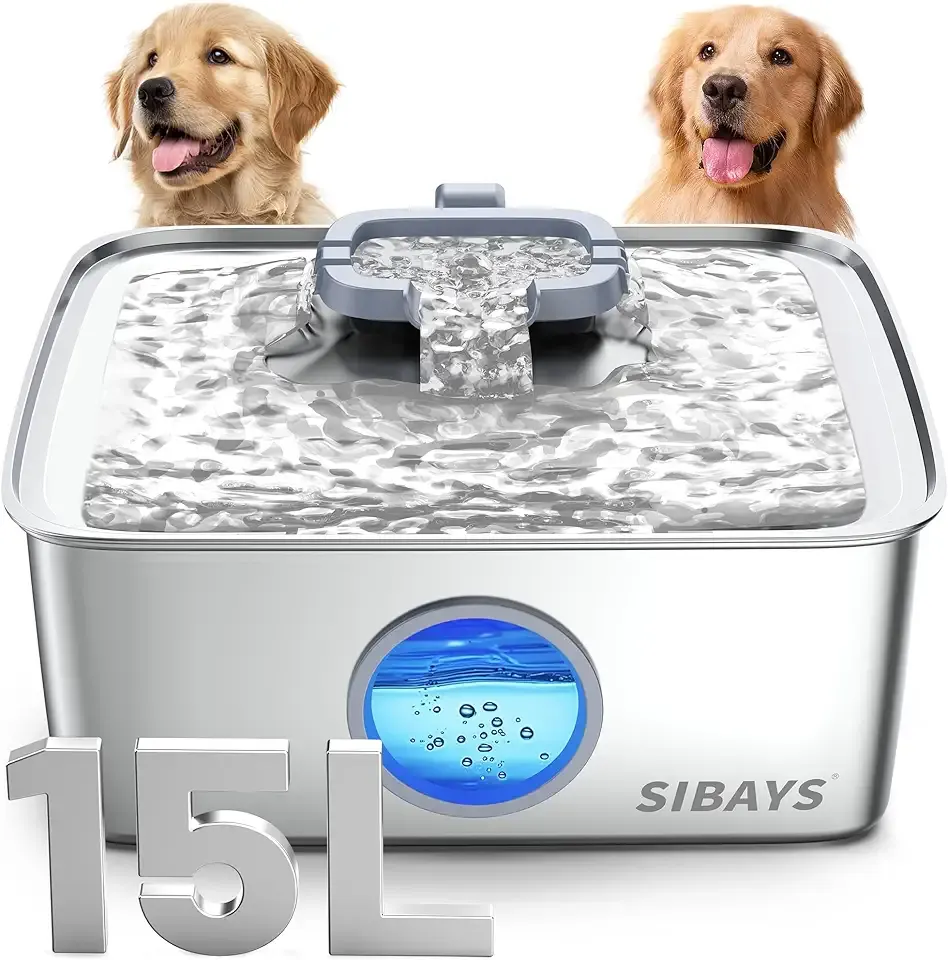 SIBAYS 4Gal/15L Dog Water Fountain, Stainless Steel Large Capacity Pet Water Fountain with Water Level LED Light, Automatic Quiet Dog Water Bowl Dispenser for Large Dogs & Multi-Pet Easy to Clean FS79