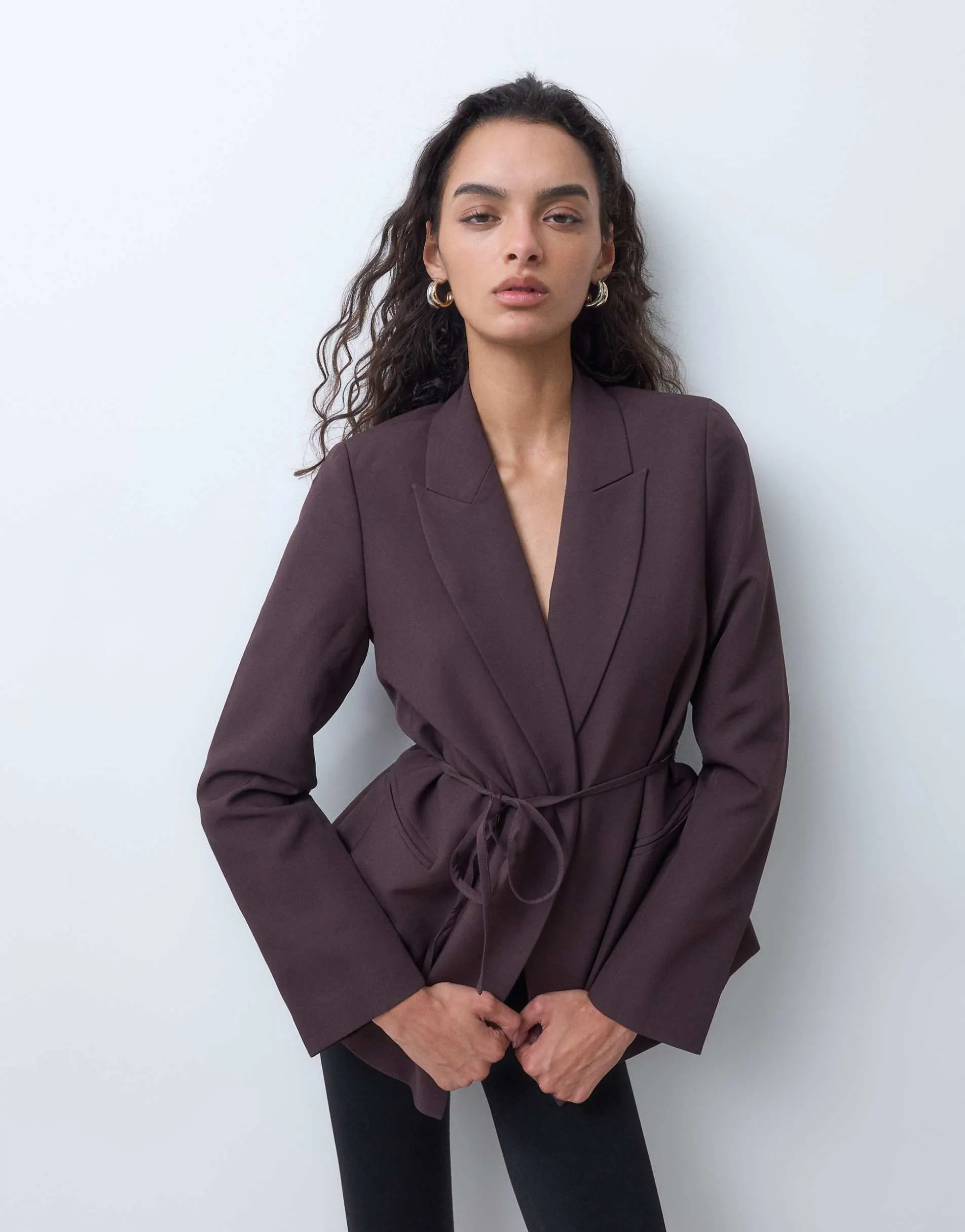 New Look tie waist blazer co-ord in dark brown