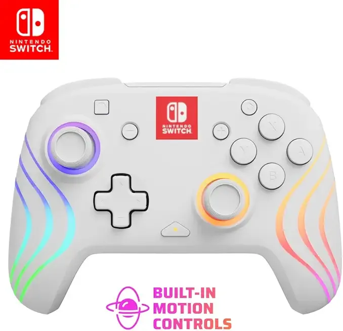 PDP Gaming Afterglow Wave Wireless Nintendo Switch Pro Controller - Officially Licensed, Nintendo Switch 2, Switch Lite/OLED, RGB LED Customization, App Controls, Rechargeable Battery Power - White