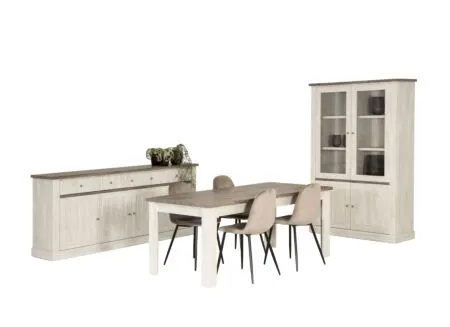 Eetkamer Eline met 4 stoelen Charlton - tafel 190x90cm - dressoir 220cm - vitrinekast 126cm