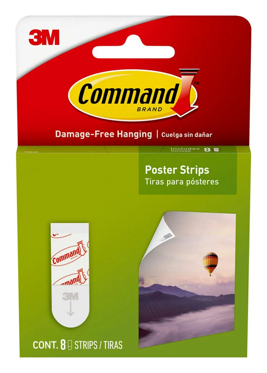 Command Poster Strips, 8 Strips, Damage-Free Hanging Poster Hangers, No Tools Great for Home, Room, Wall, and Office Decor, White Adhesive