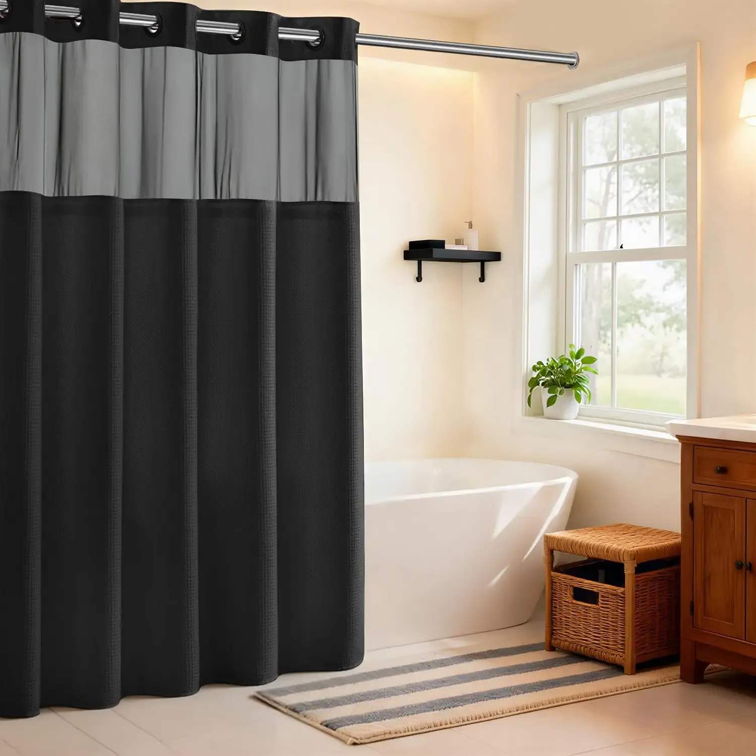 River Dream Black Shower Curain No Hooks Dotted Waffle Weave Shower Curtain with Snap in Liner - 71W x 74H,Hotel Grade,Spa Like Bath Curtain Set