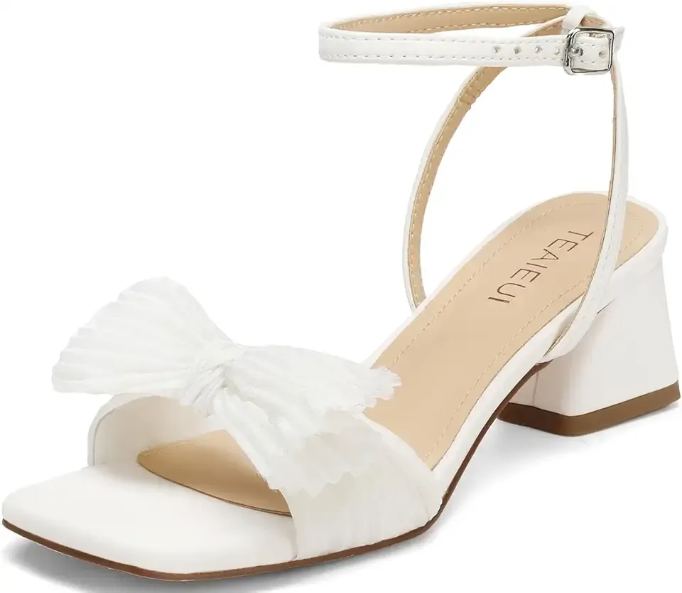 Women's Bow Knot Heeled Sandals Open Square Toe Wedding Heels for Bride Chunky Block Low Heels Ankle Strap Dress Shoes for Party