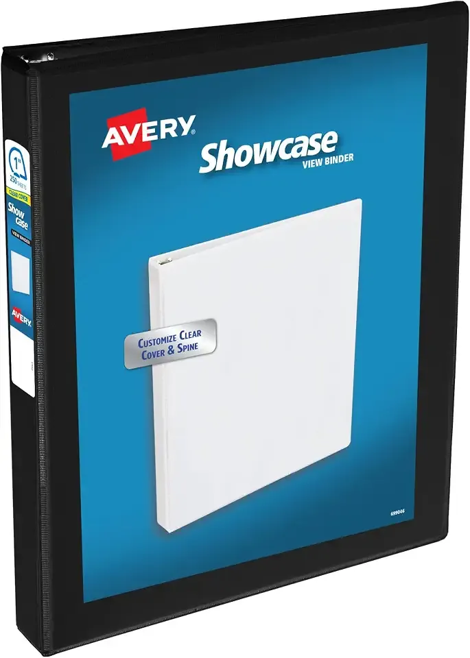 Avery® Showcase Standard View Binder, 1" Slant Rings, 1 Black Binder | For School, Home and Everyday Organization, Clear View Covers, Two Interior Storage Pockets, Nonstick PVC-Free Material