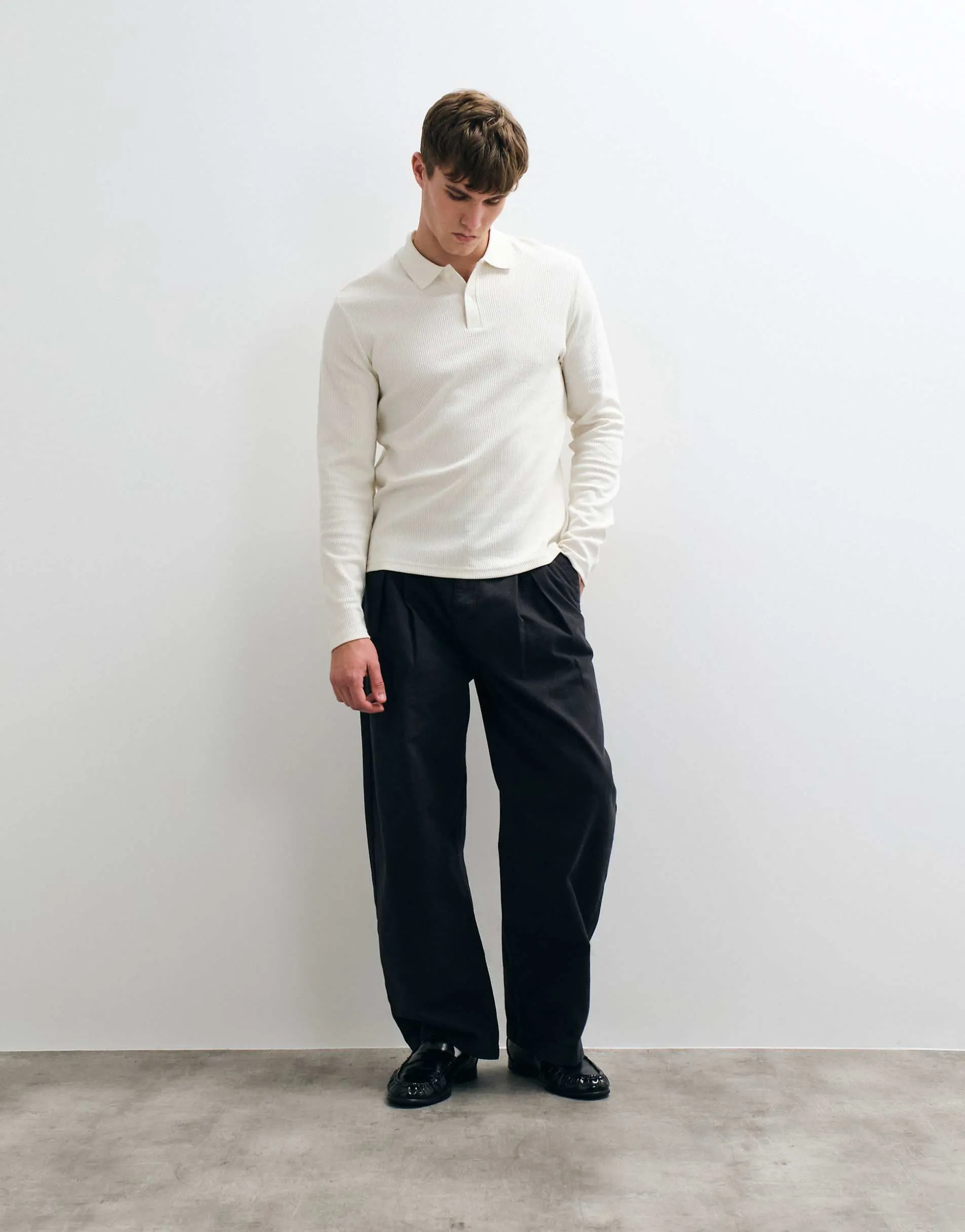 ASOS DESIGN heavyweight regular fit long sleeve polo in cream texture
