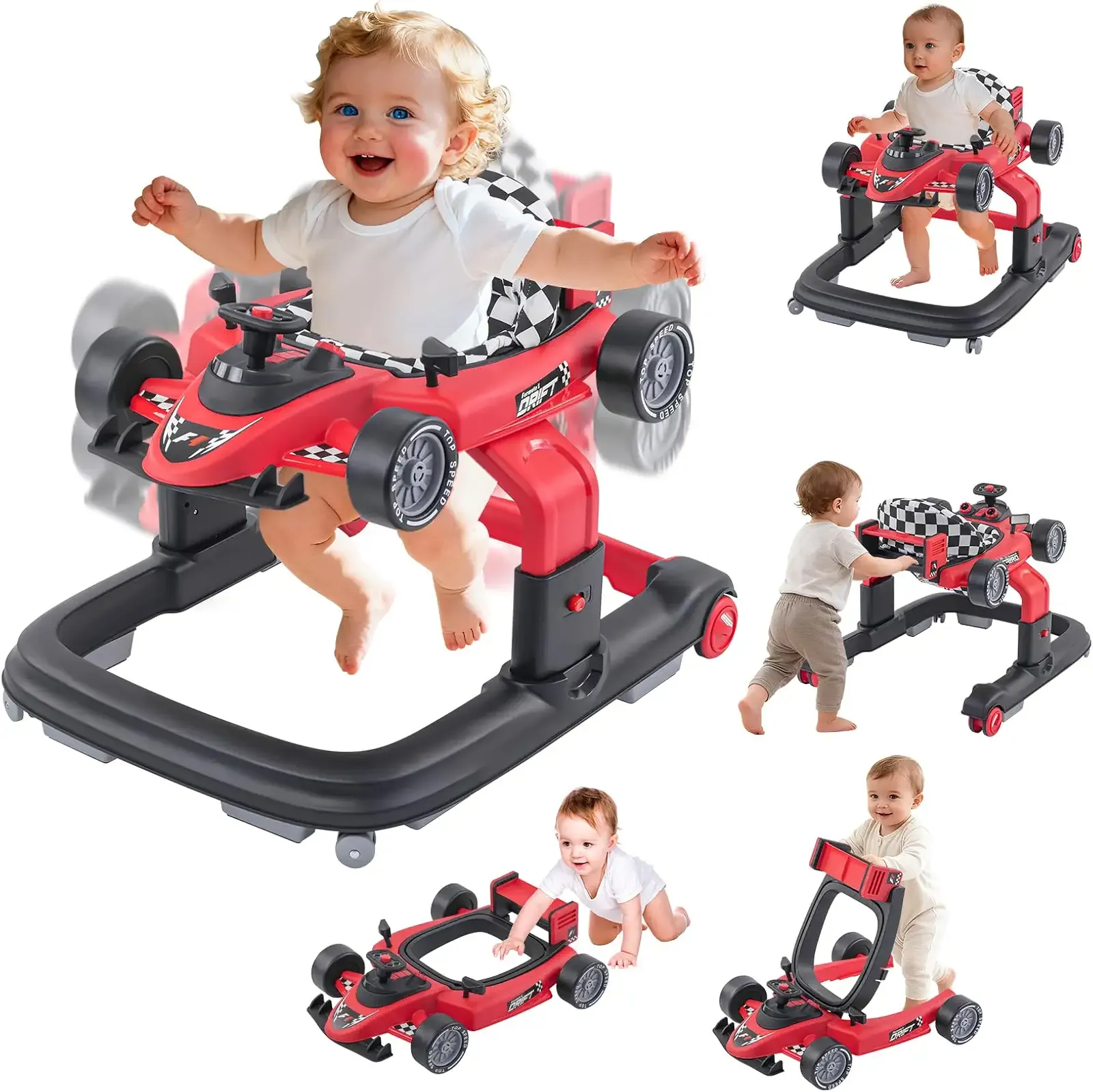 Baby Walker with Wheels | 3 Adjustable Heights, Reinforced Frame, 4 Modes (Push Walker & Jumper), Speed & Height Adjustments, Music, Lights, Anti-Rollover Design, for 6-18 Month Olds