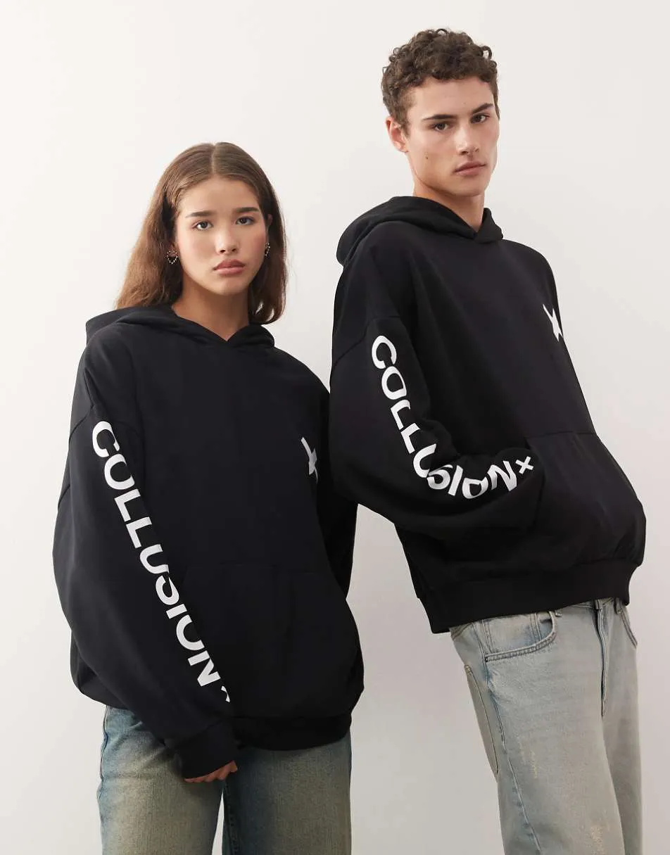 COLLUSION Unisex logo boxy hoodie in black