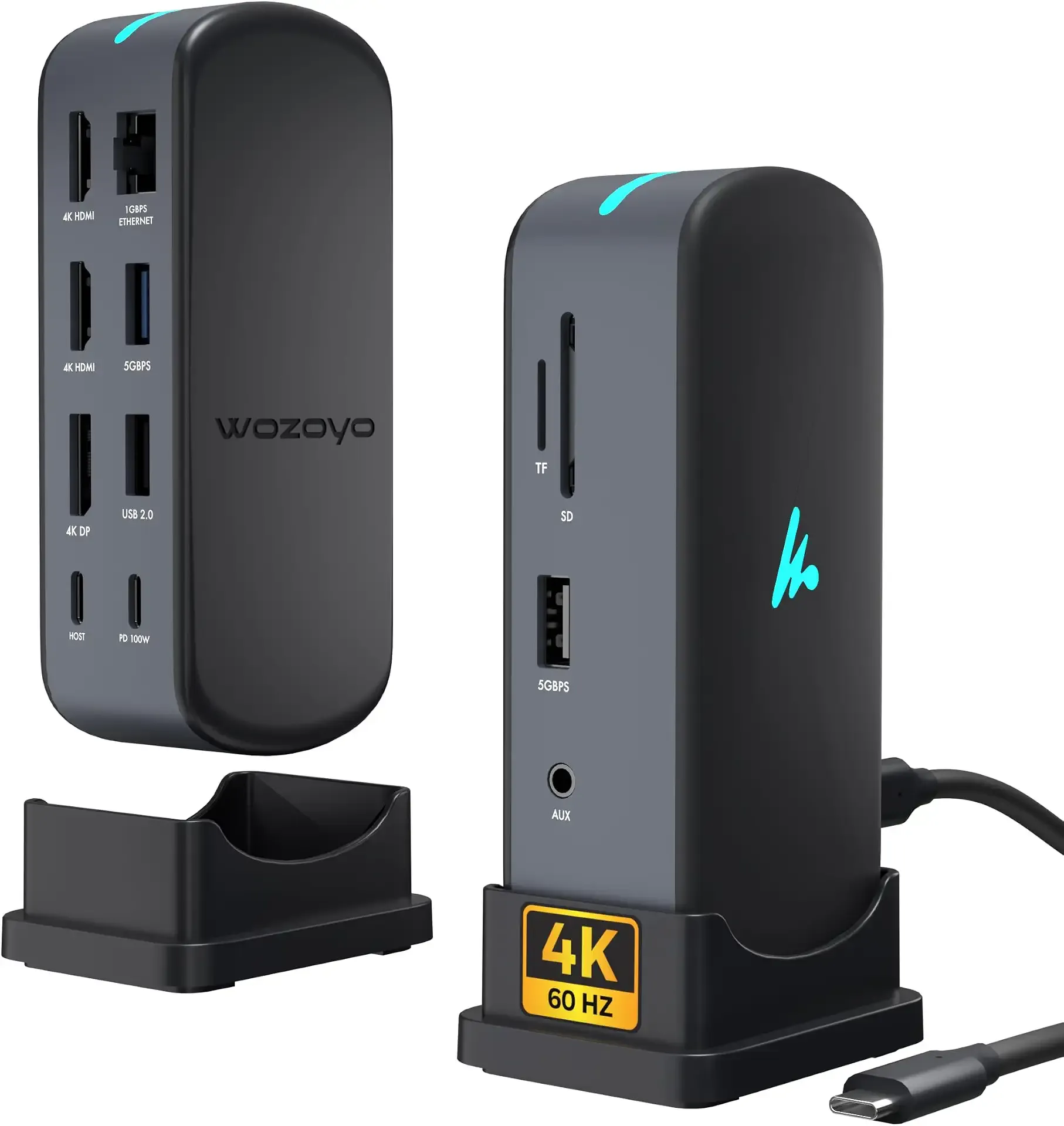 Type C 11 in 1 Wozoyo Docking Station, PD 100W, 2X4K@60Hz HDMI, 4K DisplayPort,2XUSB 5Gbps, 1 Gigabit Ethernet, SD/TF,AUX Port, Compatible Thunderbolt 4, macOS, Windows, Android & iOS