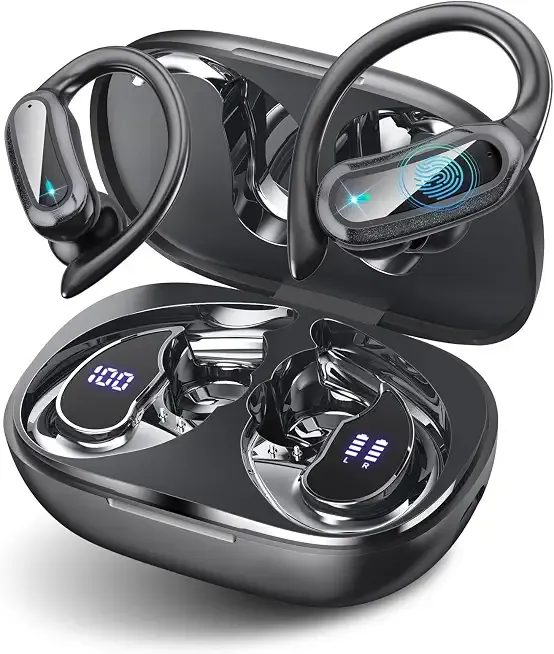 Wireless Earbuds Bluetooth Headphones, 54H Playtime Full Stereo Over Ear Buds with ENC Noise Cancelling, LED Power Display, IPX7 Waterproof Sport Earphones with Earhooks for Running/Workouts Black