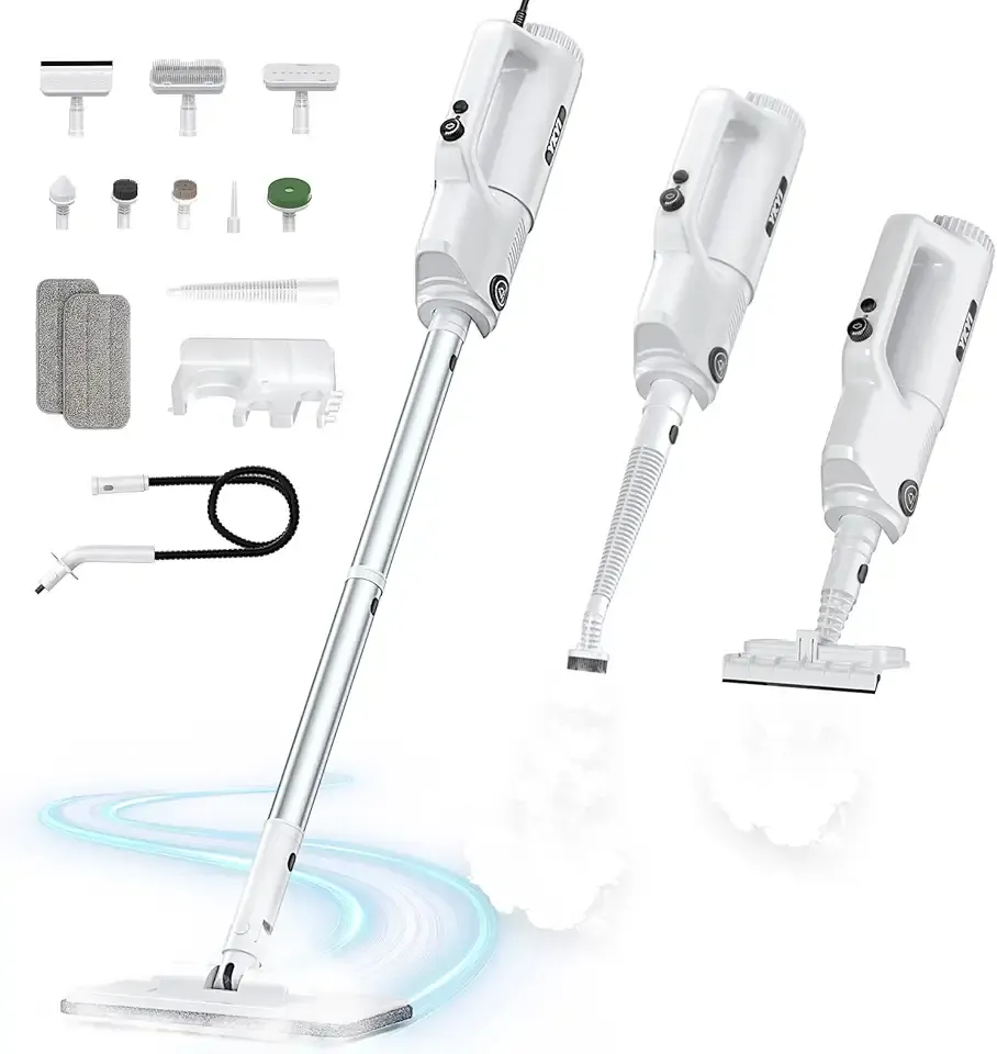YKYI Steam Mop, Detachable 10 in 1 Multipurpose Steamer with 11 Attachments, Handheld Steam Cleaner for Home, Hardwood Floors, Laminate, Marble, Tile, Grout, Carpet, Windows Cleaning (Pearl white)