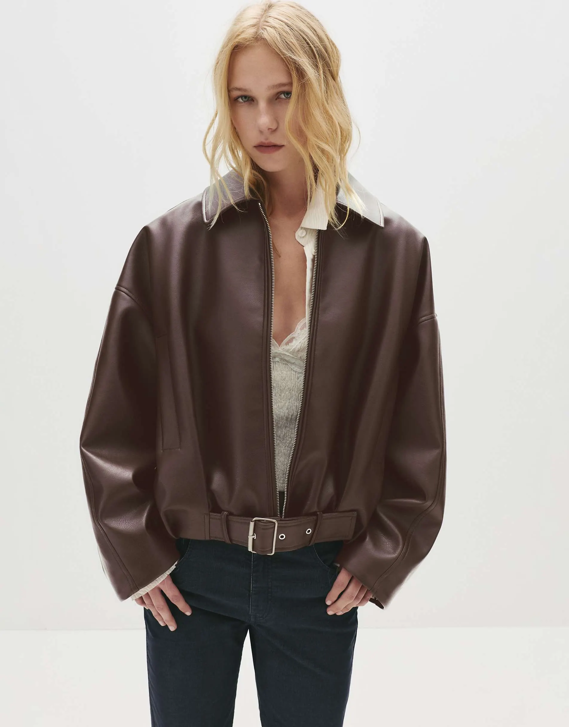 Pull&Bear Leather effect balloon bomber jacket in chocolate