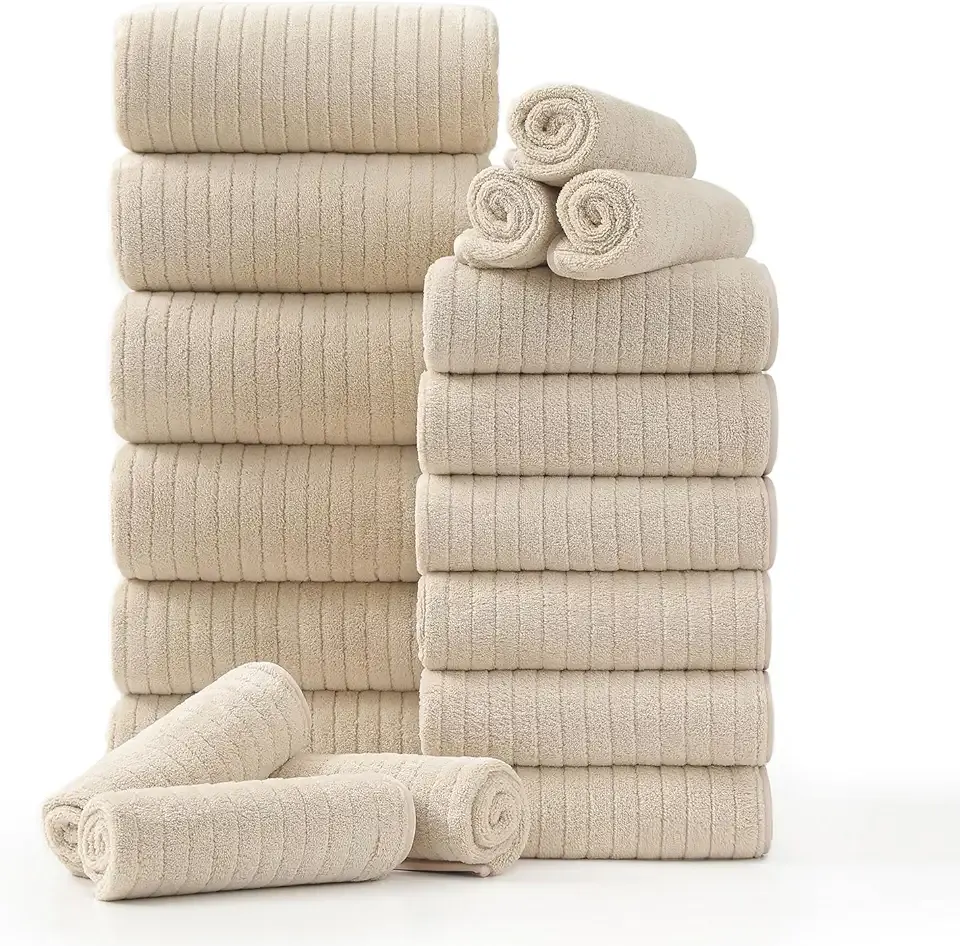 18 Piece Family Bath Towel Set Include 6 Bath Towels,6 Hand Towels and 6 Washcloths Soft Bathroom Towel with Hanging Loops,Highly Absorbent Quick Dry Towels Set for Bathroom,Hotel and Spa-Beige