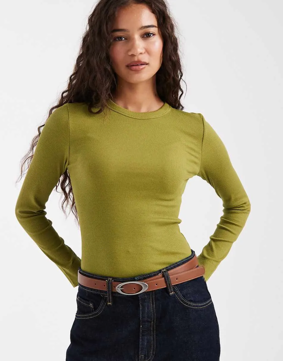 New Look crew neck ribbed long sleeve top in lime green