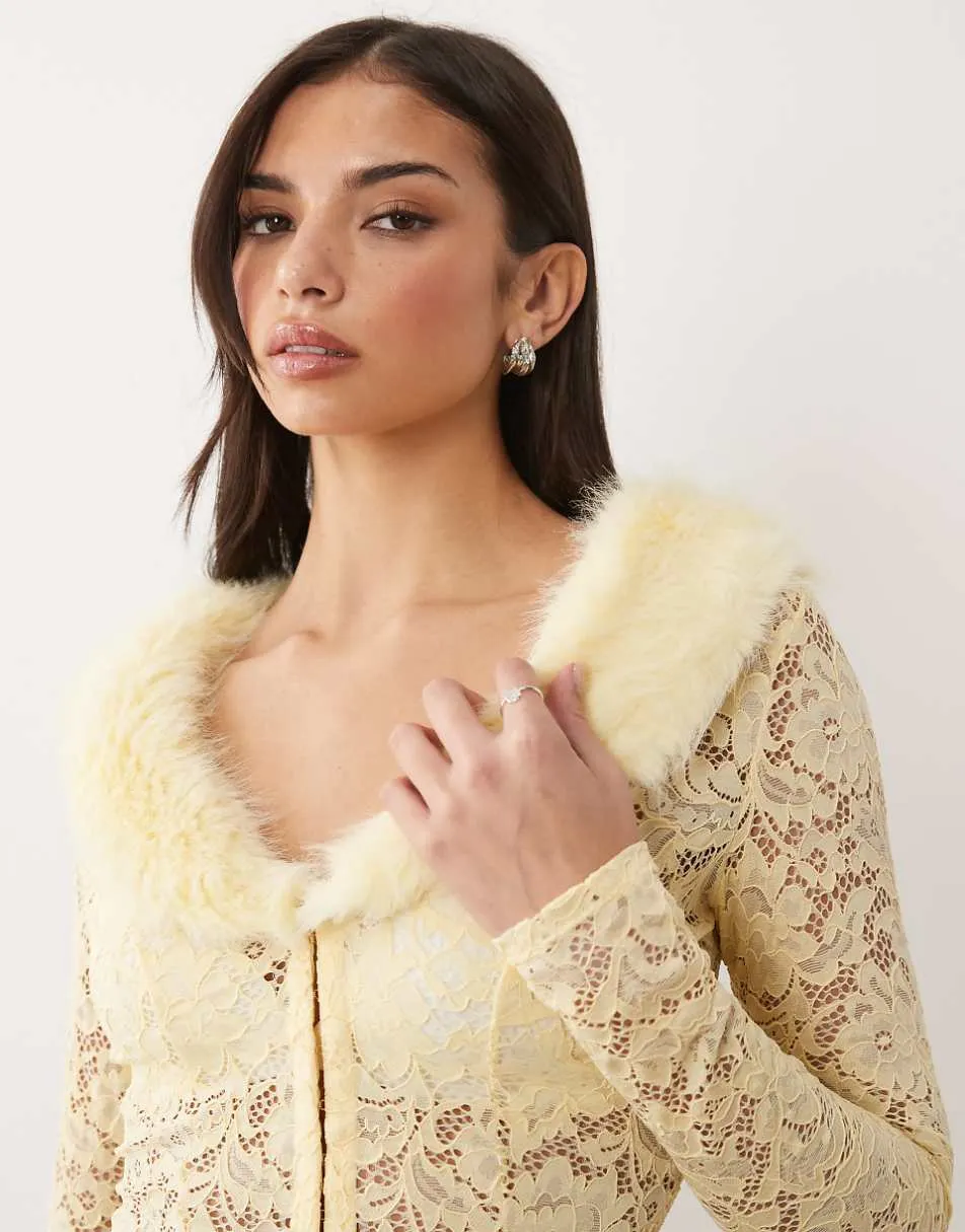 Oh Polly faux fur collar lace cardigan in butter yellow