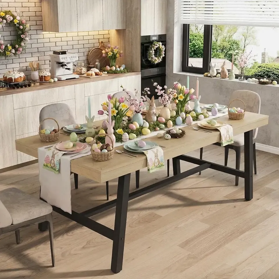 70” Large Dining Table for 6-8 People, Rustic Industrial Farmhouse Kitchen Table, Rectangle Wooden Dining Room Table with Heavy-Duty Metal Frame, Stable & Waterproof for Home, Kitchen, Dining Room