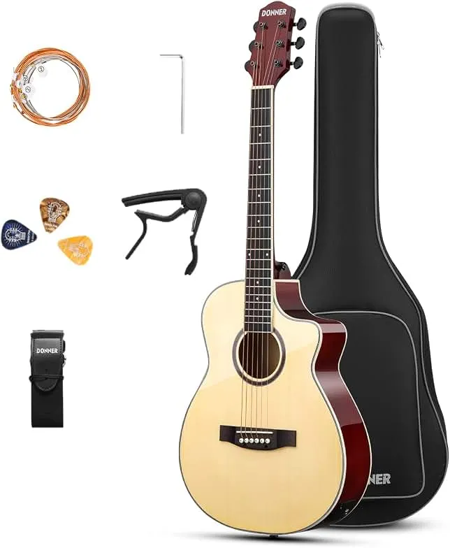 Donner Voyager Acoustic Electric Guitar Kit, JF Cutaway 3/4 Guitarra with Built-in Pickup & Tuner, 3-Band EQ, Portable Travel Guitar Bundle…