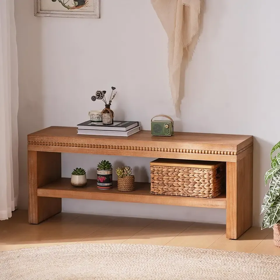 42.6" Wood Entryway Bench-Farmhouse Long Storage Benches with Wood Beads Decor, Boho Narrow Bench Seat for Indoor, Entryway, Dining Room, Bedroom and Hallway, Natural