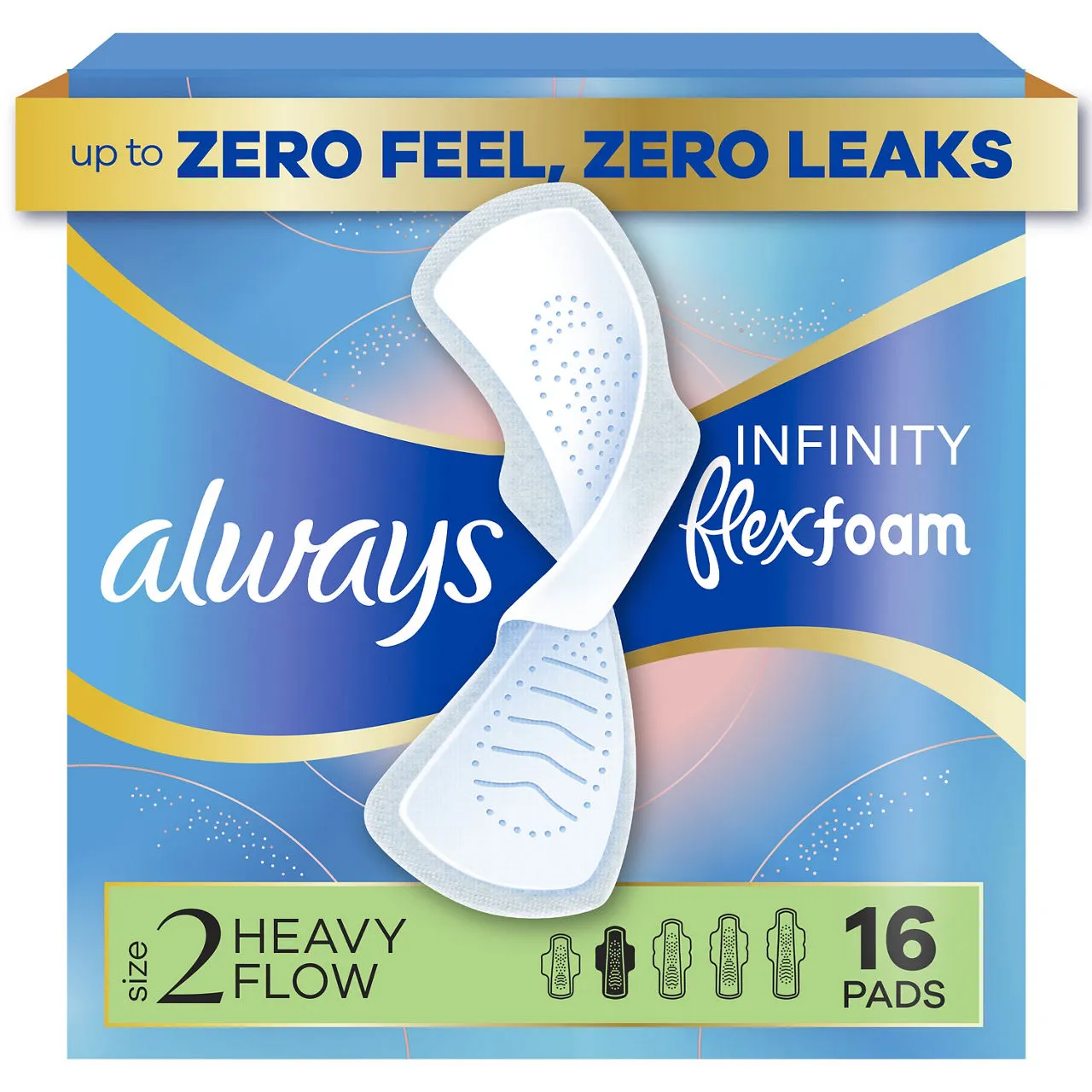 Always Infinity FlexFoam Pads for Women, Size 2, Heavy Pad with Wings, Unscented, 16 Count