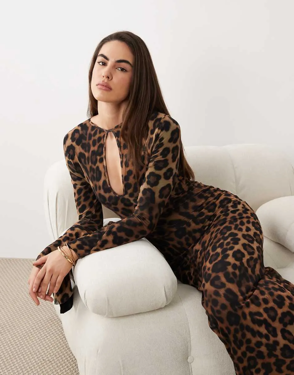 ASOS DESIGN printed mesh asymmetrical angel sleeve maxi dress in leopard