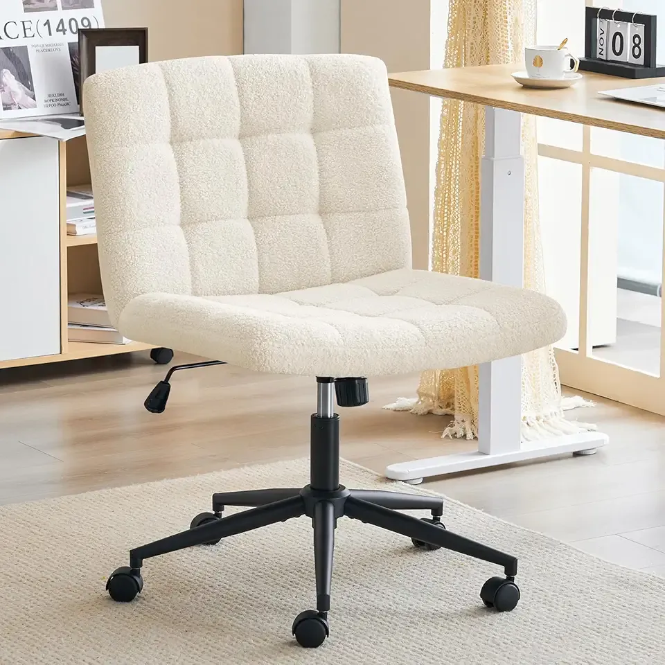 Swivel Criss Cross Legged Chair with Wheels for Home Office, Wide Armless Desk Chair Height Adjustable Comfy Seat for Desk,Vanity, Bedroom, Faux Fur White
