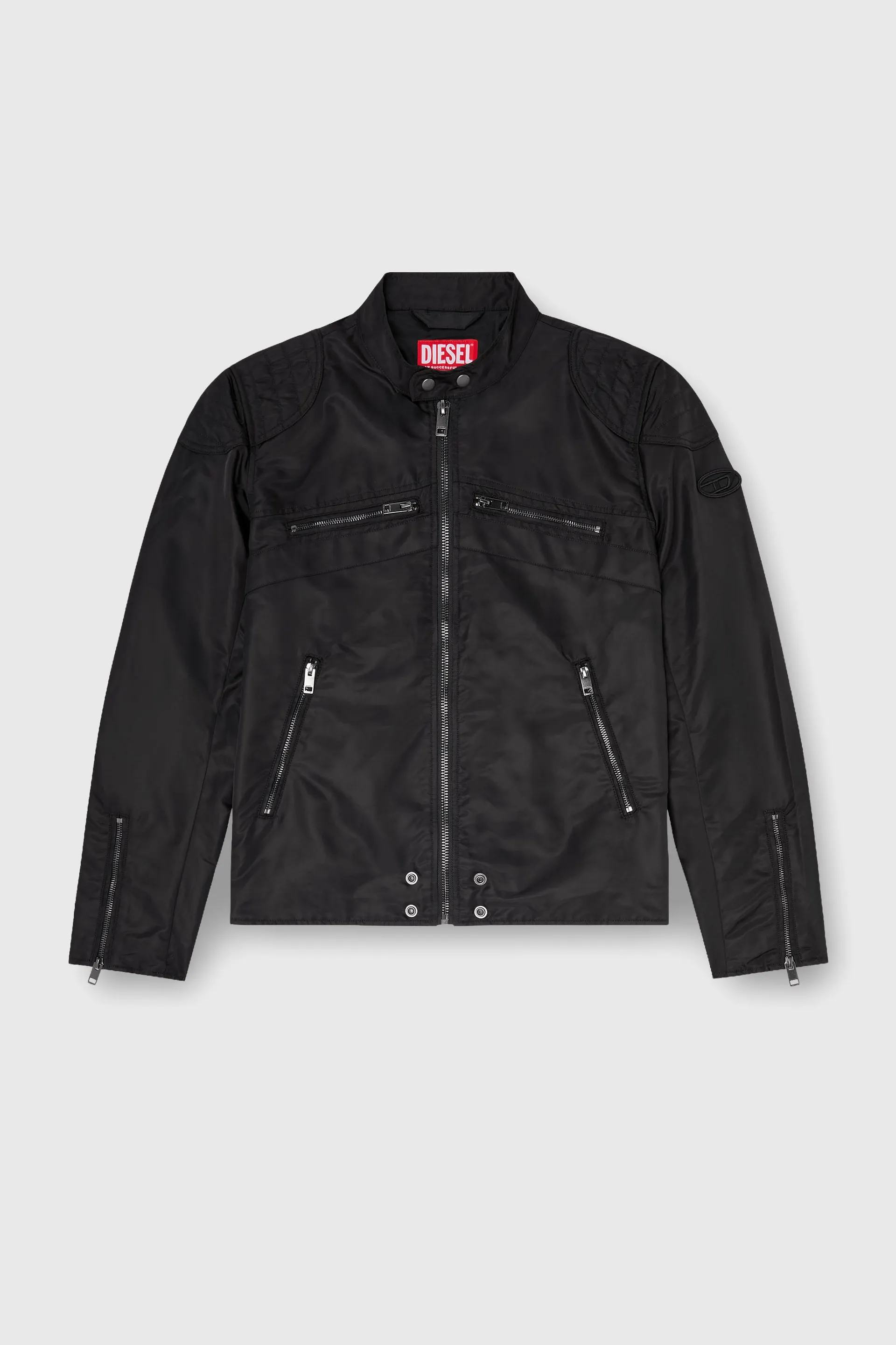 Nylon jacket with quilted shoulders and zip pockets