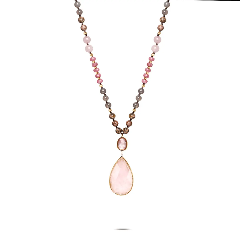 Halsketting in edelstaal, parels en gekleurde stenen