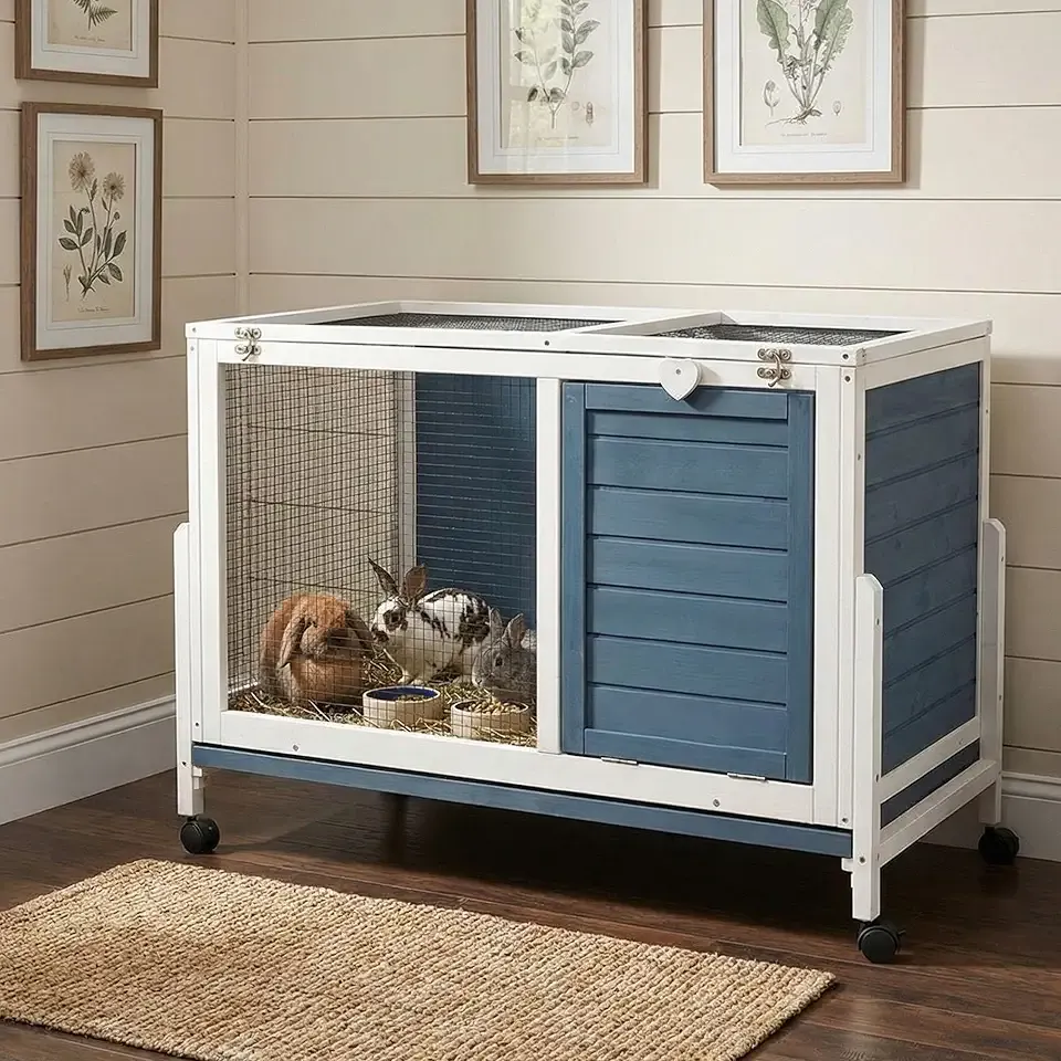 Large Indoor Rabbit Hutch Wooden Bunny Rabbit Cage 2-Story with Run Caster Waterproof No-Leak Pull-Out Tray Ramp Wheel for Guinea Pig Small Medium Animal Wood Pet House Home Blue & White 37“