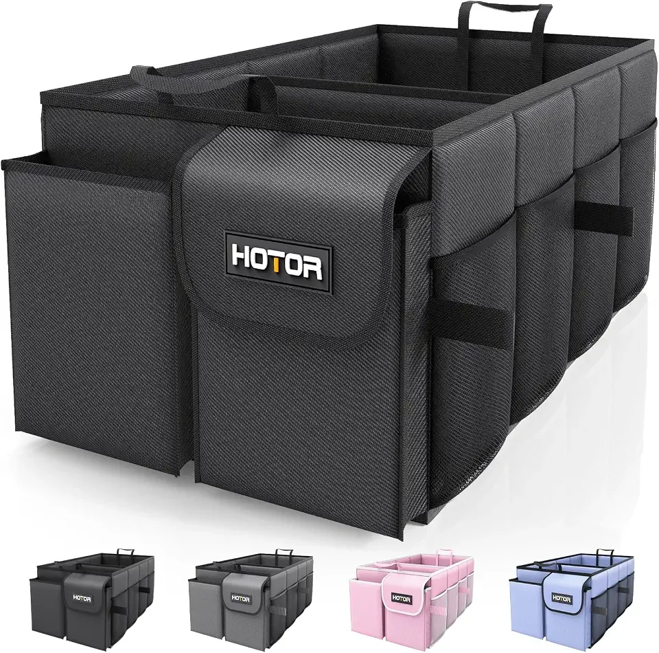 HOTOR Trunk Organizer - Foldable Car Organizer for SUVs & Sedans Storage | Sturdy Car Organization for Men & Women, Car Accessories, Tools, Sundries, Black, 2 Compartments, 21.3" x 12.6" x 10.6"