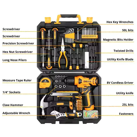 DEKO Household Hardware Tool Box 126PCS Tool Set with 8V Cordless Drill Electrician's Hardware Set Car Repairing Tools Woodwork
