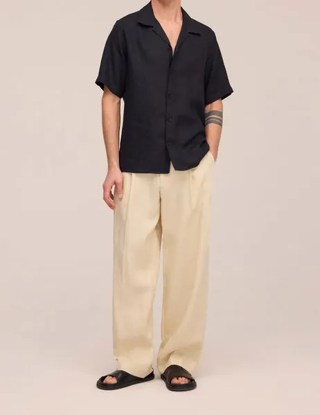 Julio Open Collar Linen Shirt Black