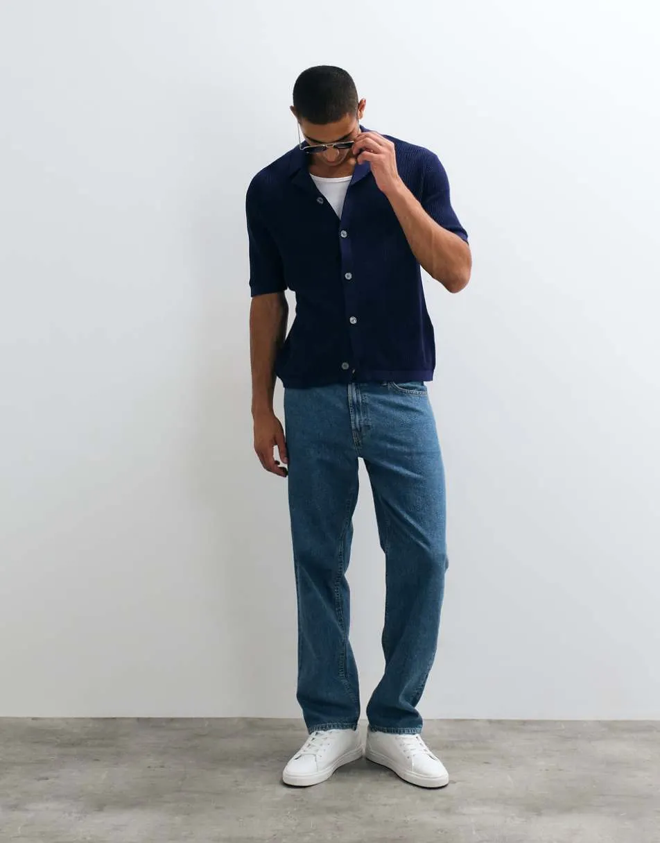 Selected light knit button cardigan in dark blue