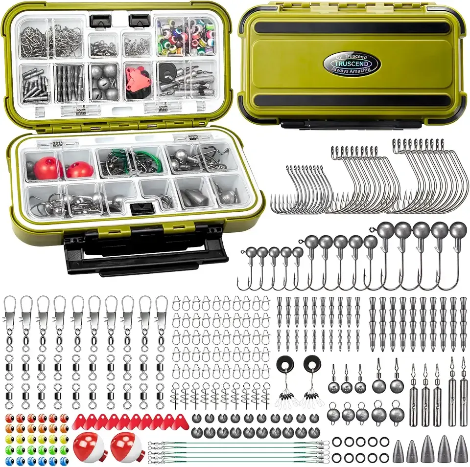 TRUSCEND Fishing Tackle & Accessories Kit, Tackle Box with Tackle Included, Fishing Sinkers Weights Hooks Swivels Snap Leader & Others, Freshwater Bass Fishing Lures Gear Kit, Fishing Gifts for Men