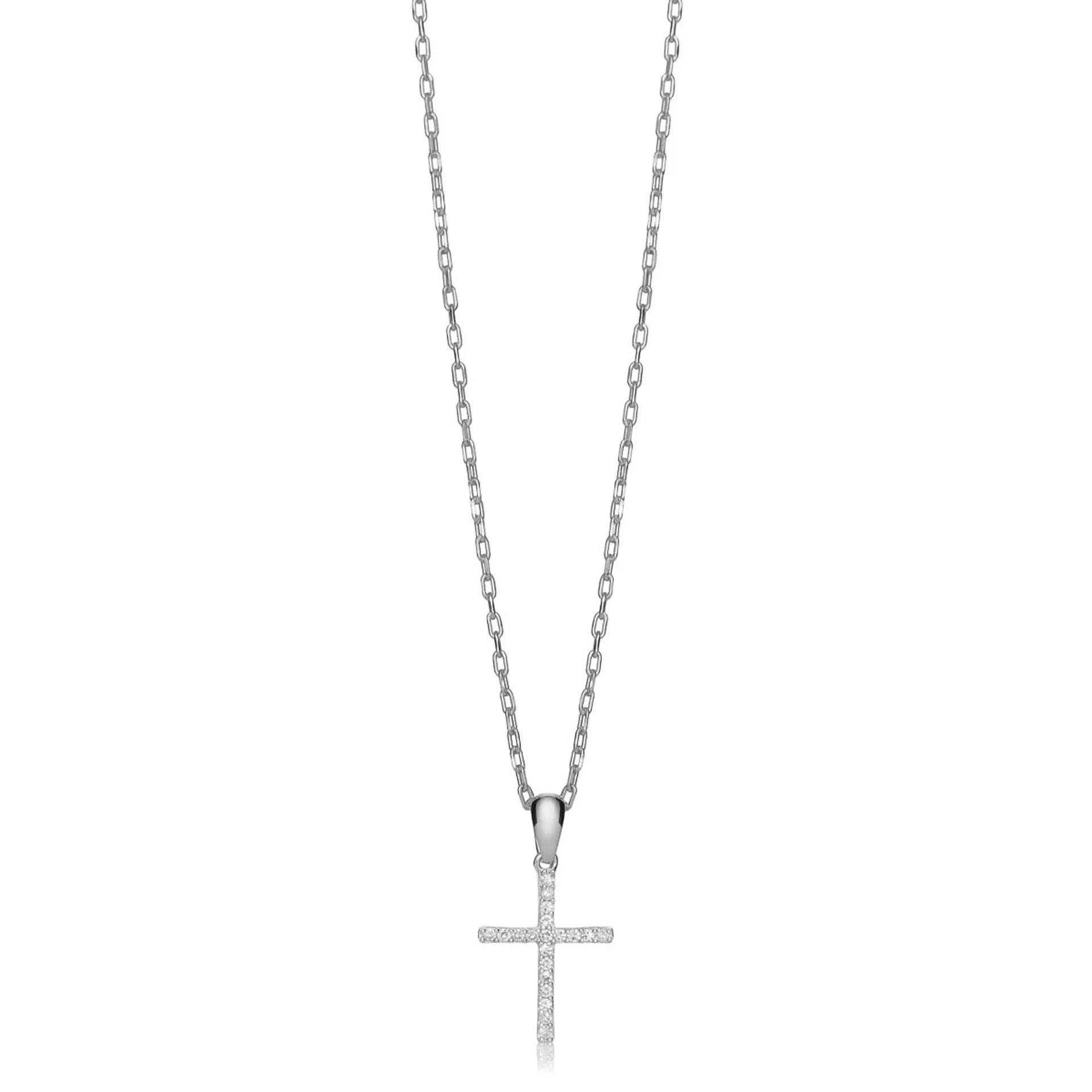 Diamantsmykke med kors i 375 hvitt gull 0,10 ct